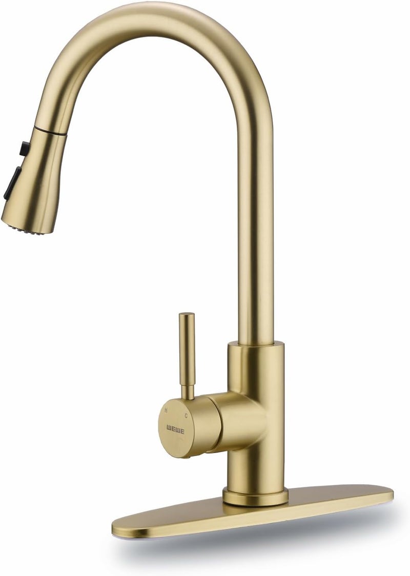WEWE Brushed Gold Kitchen Faucet with Pull Down Sprayer, Single Handle Gold Kitchen Sink Faucet Stainless Steel Brass Copper Commercial RV 1 or 3 Hole, Champagne Bronze - Image 1