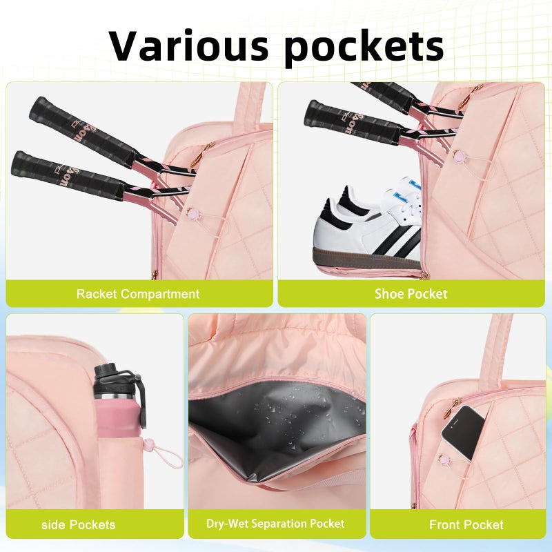 YEEGO DIRECT Tennis Bag for Women, Multi-Functional Tote & Sling Bag with Shoe Compartment & Wet Pocket, Fits 2 Rackets (27"), Pickleball Paddles, Large Capacity Duffle Bag for Gym Work Travel (Pink) - Image 4