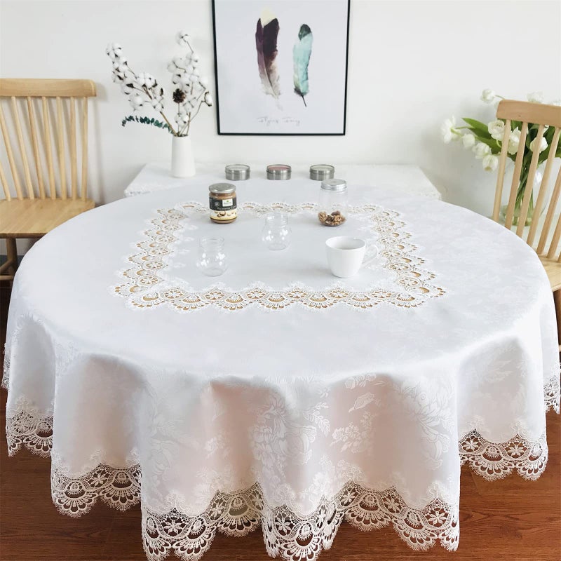 BrekSdat Round Tablecloth White Lace 70 for Wedding Dining Tables Banquet Holiday Party Washable Fabric Carnation Flower Decor