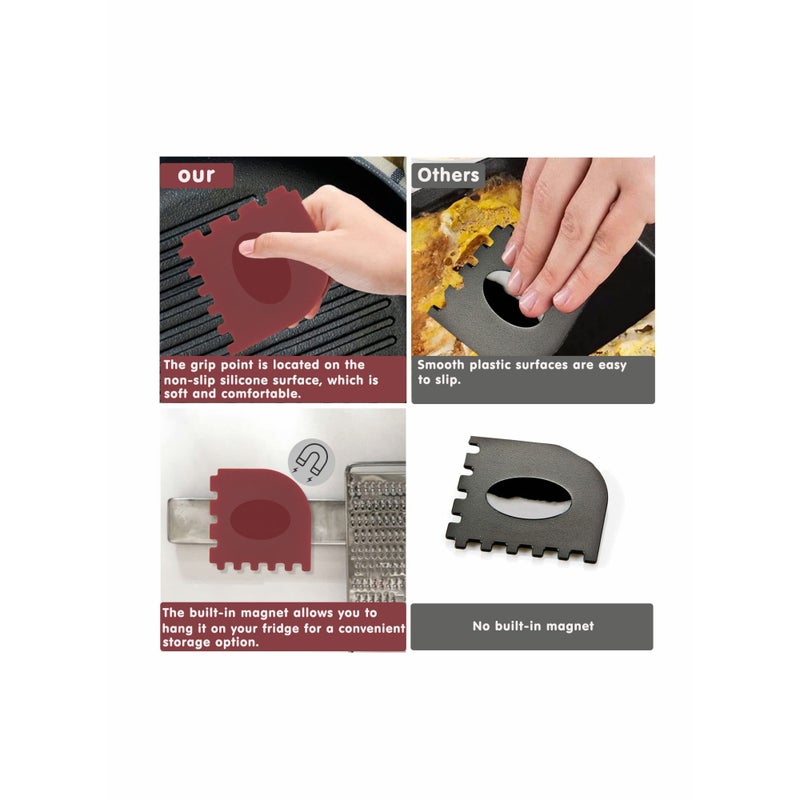 SOLARAE Grill Pan Scraper,  Cast Iron Scraper with Built-in Magnet, Durable Pot Scraper, Pan Scraper Plastic for Cast Iron Skillets, Grill Pan, Griddles and More, Red and Black (4 Pack) - Image 2