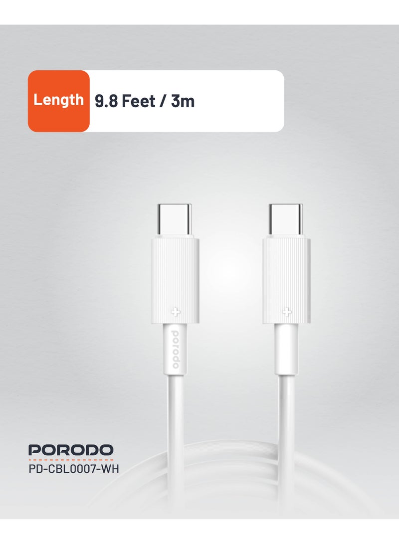porodo USB-C to USB-C PVC Cable 3m /Data and Fast Charge / Tangle Free / Durable Charging Cable - White - Image 4