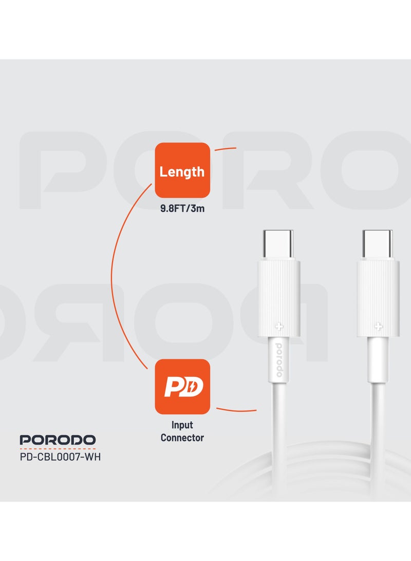 porodo USB-C to USB-C PVC Cable 3m /Data and Fast Charge / Tangle Free / Durable Charging Cable - White - Image 2