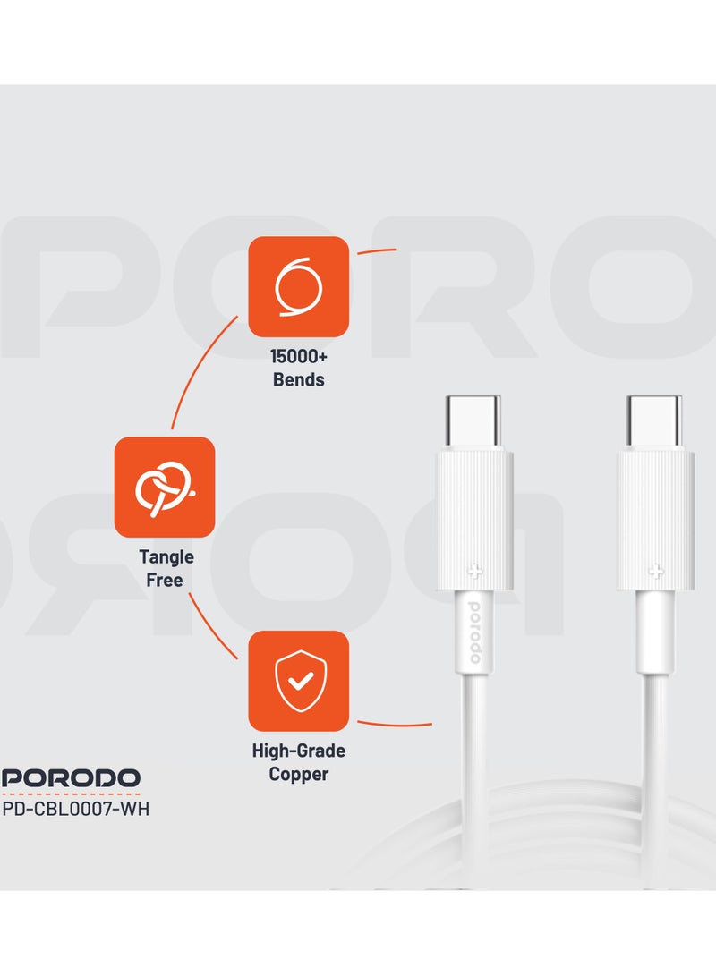porodo USB-C to USB-C PVC Cable 3m /Data and Fast Charge / Tangle Free / Durable Charging Cable - White - Image 3