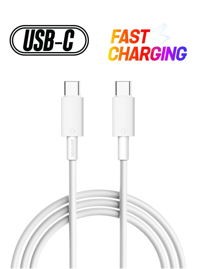 porodo USB-C to USB-C PVC Cable 3m /Data and Fast Charge / Tangle Free / Durable Charging Cable - White - Image 1
