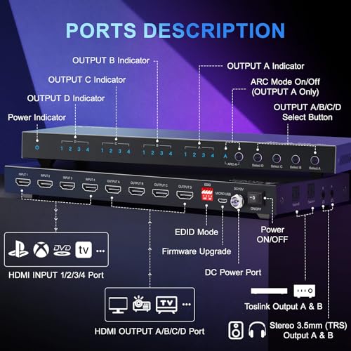 PORTTA 4x4 HDMI Matrix 4K 60Hz 4:4:4, 4 in 4 Out Switch Splitter, Audio Extractor, 16 EDID Modes with Remote Control Supports HDMI 2.0b, HDCP 2.2, HDR, YUV, ARC, 18Gbps, 3D, Downscaler 4K & 1080P - Image 5