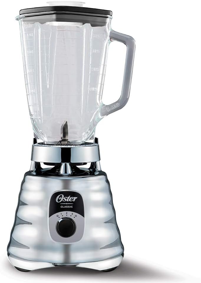 Oster Original 3 Speed Chrome Blender, 6 Times more Durable Motor, 10 Times Stronger, 5 Cup Glass Jar - Image 1