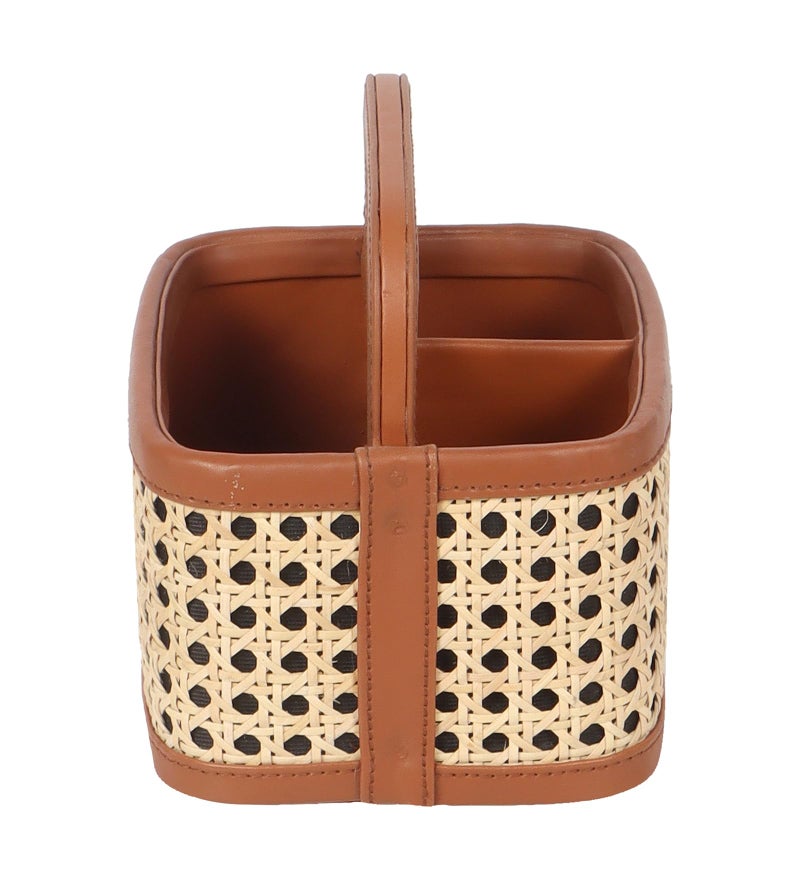 AKWAY Wicker Spoon Stand for Dining Table Chammach Stand | Wooden cutlery holder | Kitchen rack Café resto-bar tableware keeping spoons, forks, knives, tissue paper (7.5" W x 7.5" L x 5" H) (Brown) - Image 3