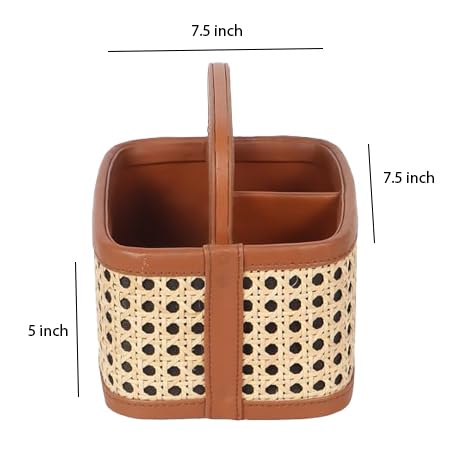 AKWAY Wicker Spoon Stand for Dining Table Chammach Stand | Wooden cutlery holder | Kitchen rack Café resto-bar tableware keeping spoons, forks, knives, tissue paper (7.5" W x 7.5" L x 5" H) (Brown) - Image 5
