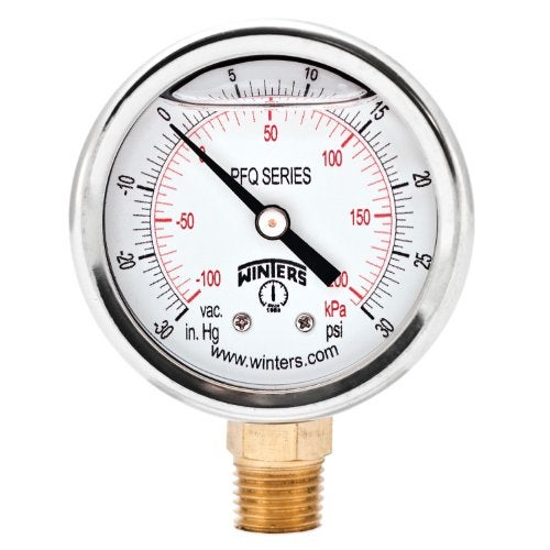 Winters Instruments Winters 2-1/2" Dial Size, Liquid Filled Industrial Pressure Gauge, Brass Internals, 304 Stainless Steel Case, Dual Scale 30" Hg-0-30 psi/kPa, 1.5% Acc, 1/4" NPT Bottom Mount, Pressure and Vacuum Gauge - Image 1