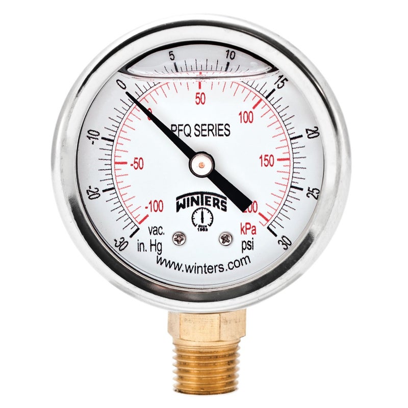 Winters Instruments Winters 2-1/2" Dial Size, Liquid Filled Industrial Pressure Gauge, Brass Internals, 304 Stainless Steel Case, Dual Scale 30" Hg-0-30 psi/kPa, 1.5% Acc, 1/4" NPT Bottom Mount, Pressure and Vacuum Gauge - Image 5
