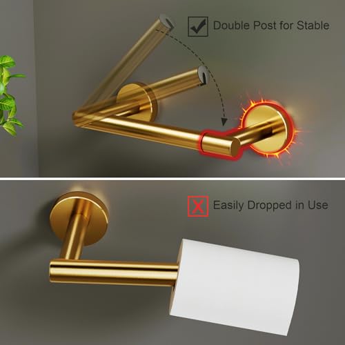 POKIM Brushed Gold Toilet Paper Holder - 304 Stainless Steel Double Post Wall Mount Tissue Dispenser, Anti-Slip Design, Fits Mega/Jumbo Rolls, Rustproof Bathroom Accessory for Home & Commercial Use - Image 3
