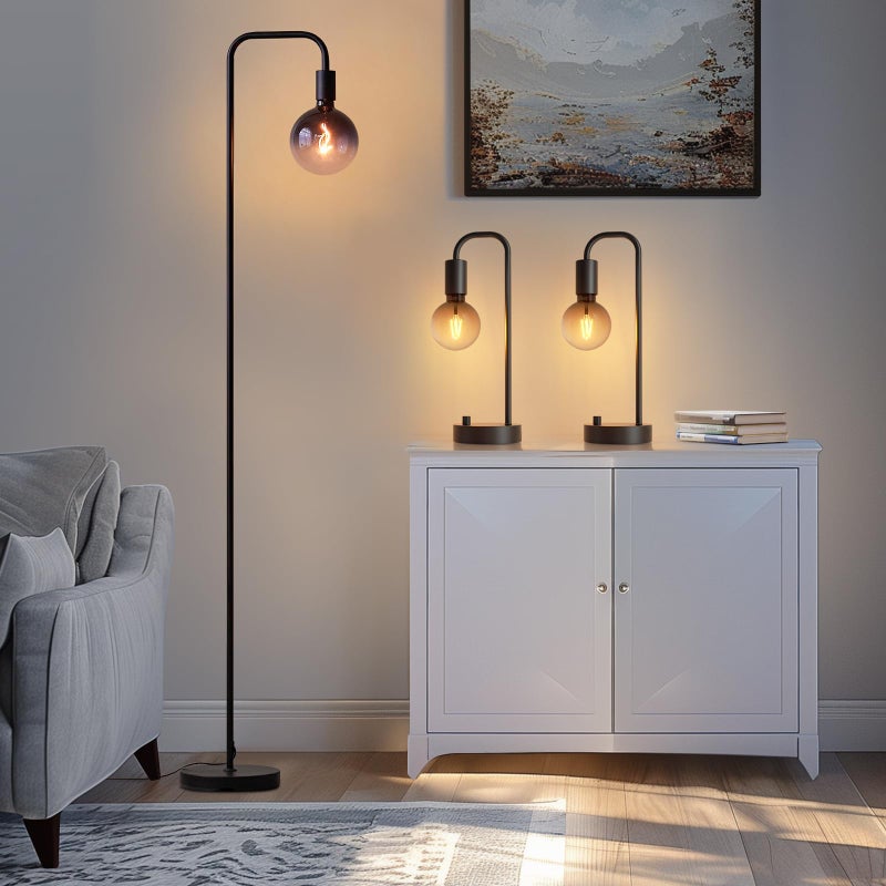 ONEWISH Industrial Lamp Set 3 Piece-1 Floor Lamp and 2 Dimmable Table Lamp- 3 Pack Modern Matching Floor and Table Lamp with Gradient Black Globe Bulb for Living Room,Bedroom(Bulb Included) - Image 1