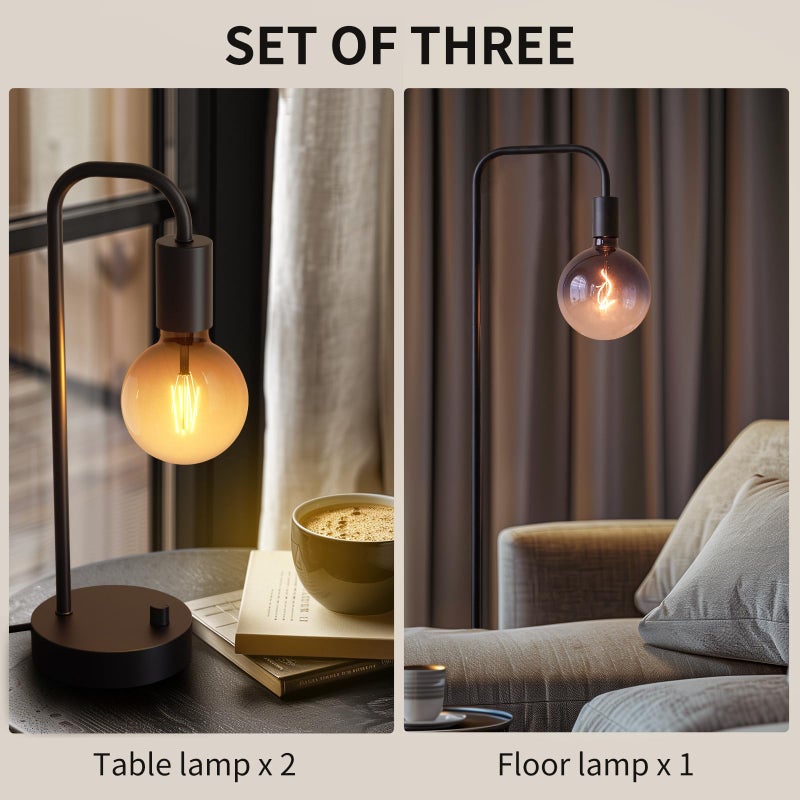 ONEWISH Industrial Lamp Set 3 Piece-1 Floor Lamp and 2 Dimmable Table Lamp- 3 Pack Modern Matching Floor and Table Lamp with Gradient Black Globe Bulb for Living Room,Bedroom(Bulb Included) - Image 5