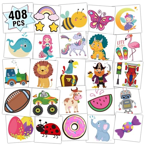 Partywind 408 PCS Kids Tattoos for Party Supplies, Individually Wrapped Sheet Temporary Tattoos Stickers for Kids Goodie Bag Stuffers, Fun Birthday Party Favors - Mixed - Image 1