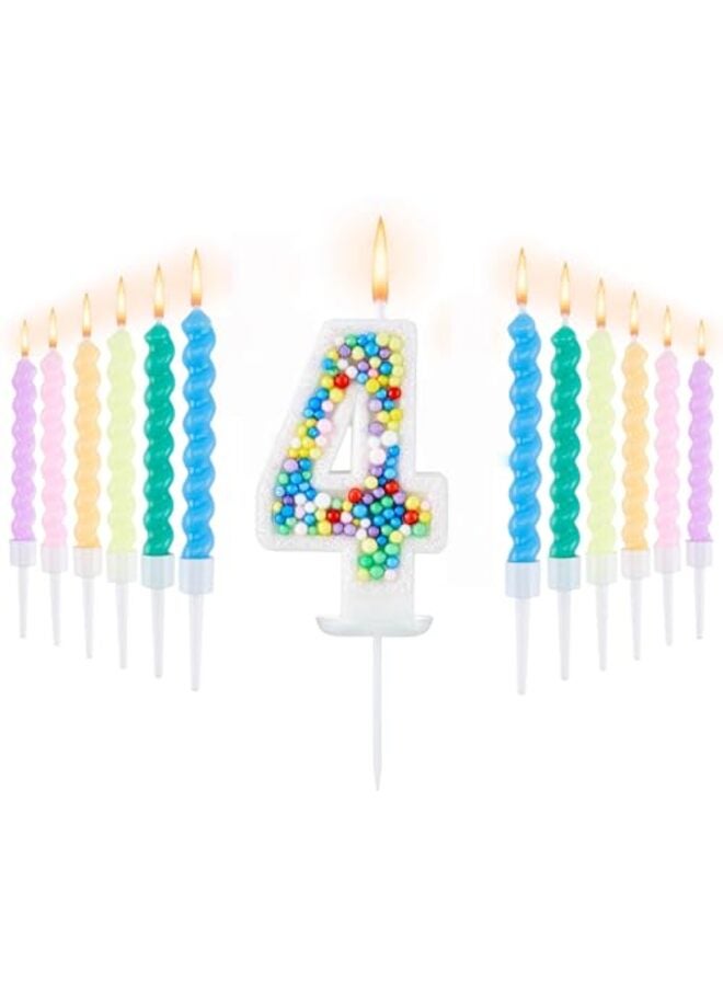 Happy Birthday Candle, 4 Birthday Candle for Girl-Boy, Including 1PC 3D Candle Number 4, 12 Pcs Macaron Spiral Candles?2Pcs Star-Shaped Candle - Image 1