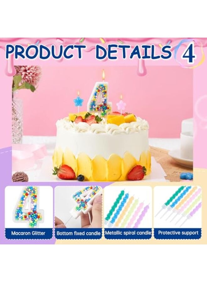 Happy Birthday Candle, 4 Birthday Candle for Girl-Boy, Including 1PC 3D Candle Number 4, 12 Pcs Macaron Spiral Candles?2Pcs Star-Shaped Candle - Image 2