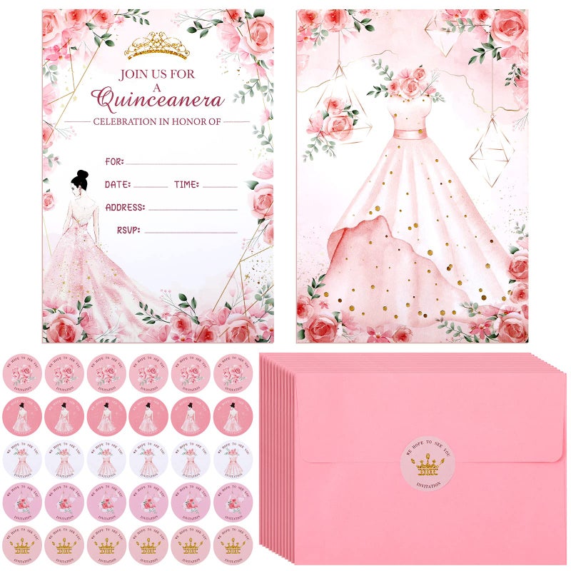 Woanger 24 Sets Quinceanera Invitations Kit Include Invitation Cards with Envelopes and Stickers Crown Princess Rose Card for Quinceanera Bridal Shower Birthday Invite