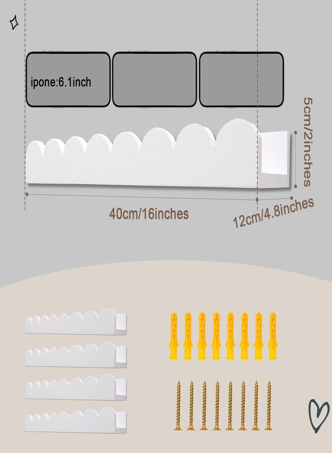 icnjdMopclean Scalloped Shelves for Nursery - Wall Book Shelves for Bedroom Kids, Nursery Bookshelf for Wall Set of 4, Floating Book Shelves Solid Wood,16 Inch, White - Image 5
