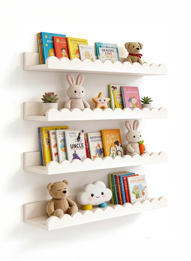 icnjdMopclean Scalloped Shelves for Nursery - Wall Book Shelves for Bedroom Kids, Nursery Bookshelf for Wall Set of 4, Floating Book Shelves Solid Wood,16 Inch, White - Image 1