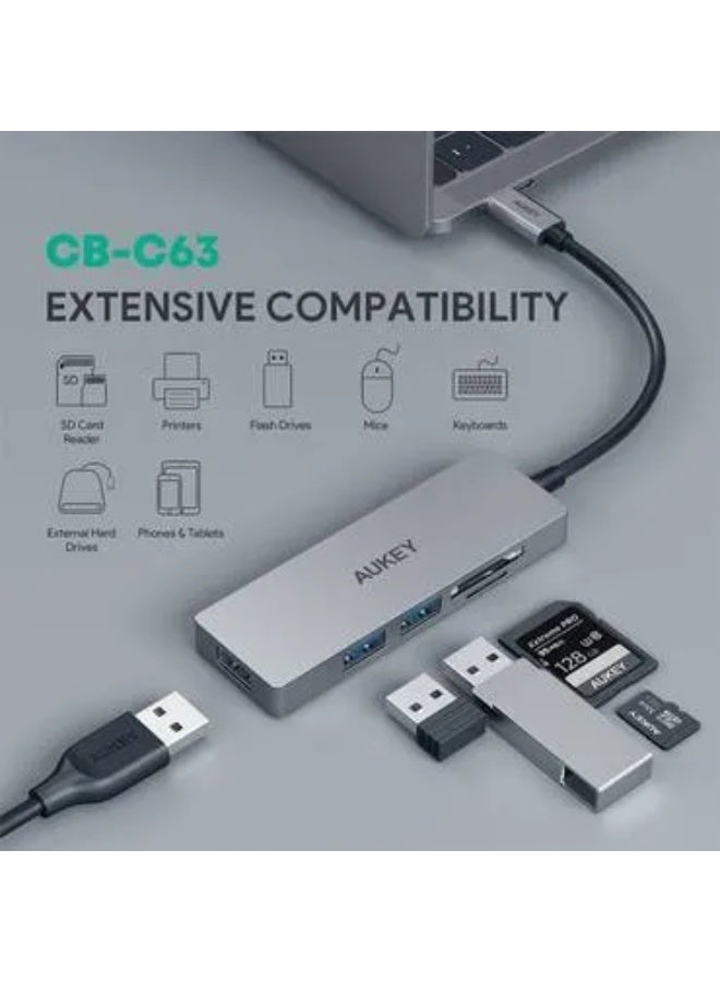 أوكي موزع بيانات USB-C مزوّد بثلاثة منافذ وفتحة بطاقة SD طراز CB-C63 رمادي - Image 4