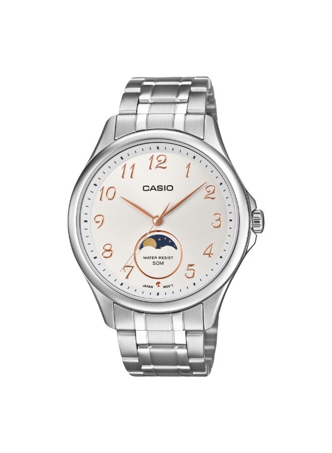 Casio Men's Stainless Steel Analog Watch with Day Date & Moon Phase – MTP-M110D-7AV – 42.5mm White Dial