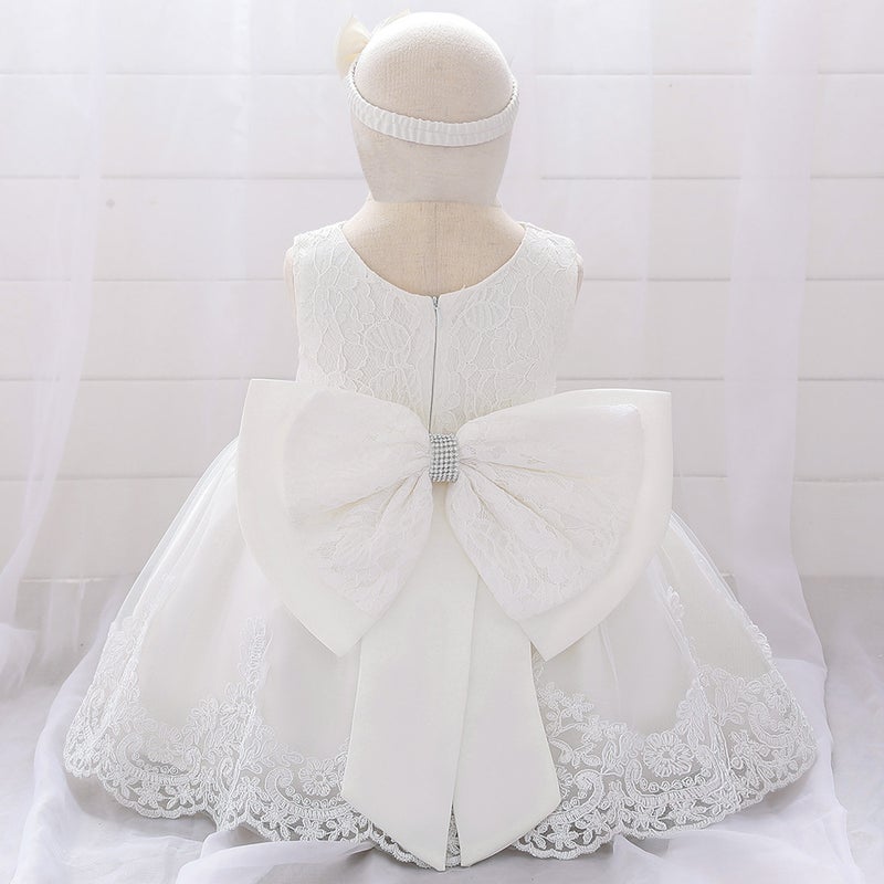 Amazon Baby Dress Big Bow Lace Wedding Princess Dress Baby One Year Old Wash Dress Hair Belt L1911XZ-White 