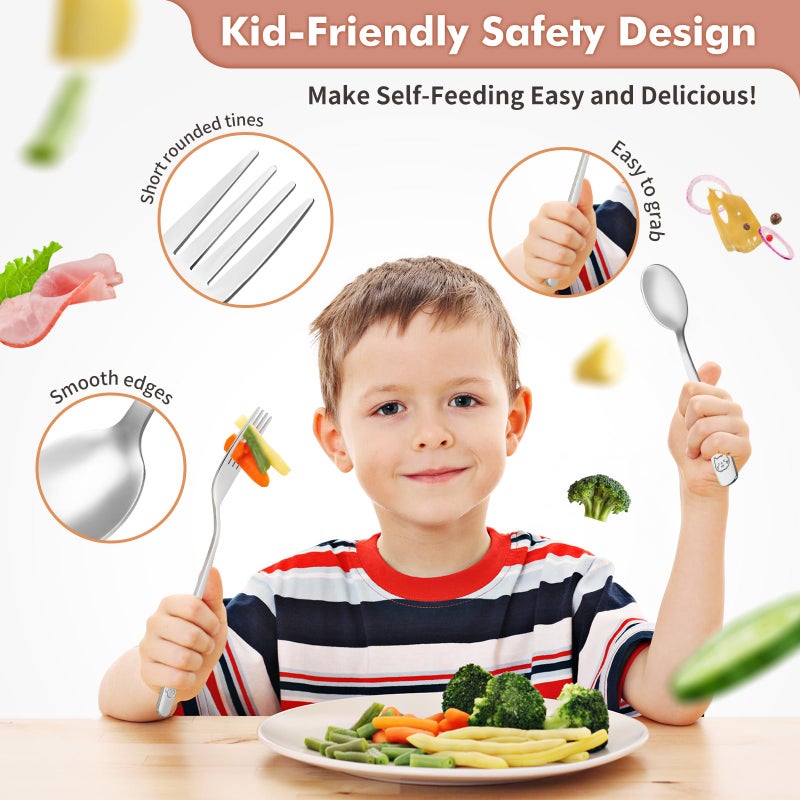 DRKIO طقم أدوات تناول الطعام للأطفال من DRKIO من الفولاذ المقاوم للصدأ - 6 قطع طقم أدوات فضية للأطفال آمنة للطعام مع شوك صغيرة وملاعق آمنة للغسل في غسالة الصحون مصقولة بلمعان مرآة - Image 3