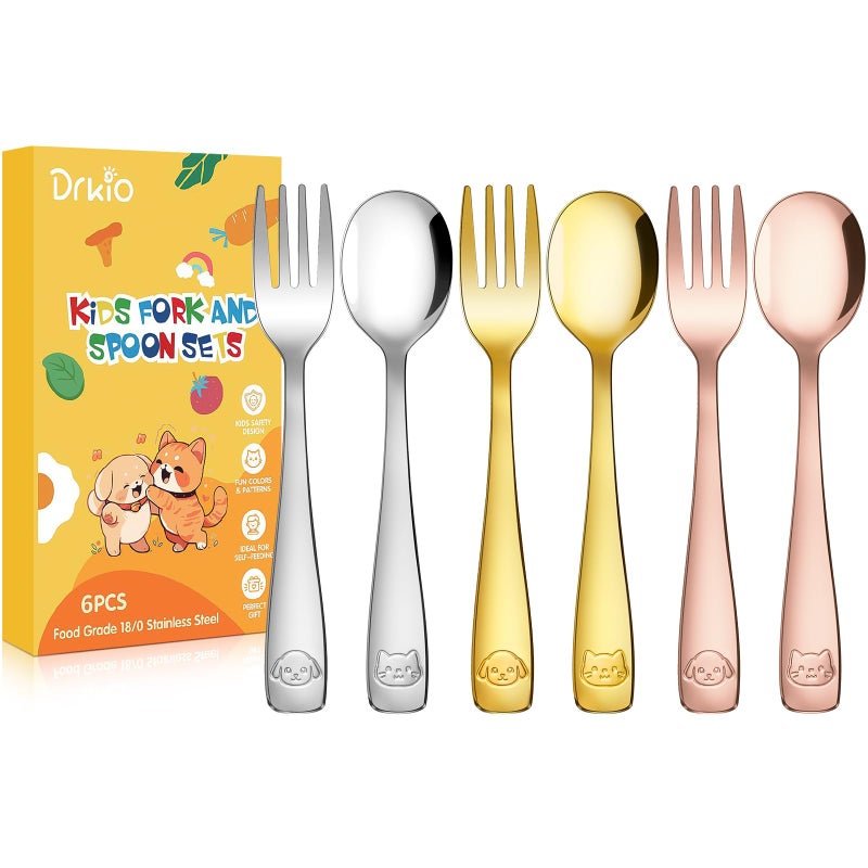 DRKIO طقم أدوات تناول الطعام للأطفال من DRKIO من الفولاذ المقاوم للصدأ - 6 قطع طقم أدوات فضية للأطفال آمنة للطعام مع شوك صغيرة وملاعق آمنة للغسل في غسالة الصحون مصقولة بلمعان مرآة - Image 1