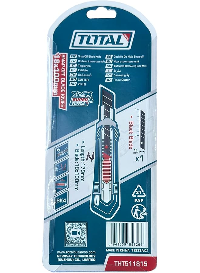 TOTAL Mr Light 173 Mm Snap-Off Blade Knife, 18X100 Mm With Flat Stopper And Sk5 Blades - Image 1
