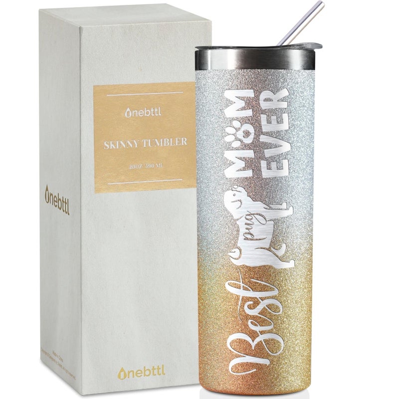 Onebttl Pug Gifts for Pug Lover Best Pug Mom Ever Unique Christmas Gifts for Dog Mom Dog Owner 20Oz Skinny Tumbler Glitter Gold  Silver