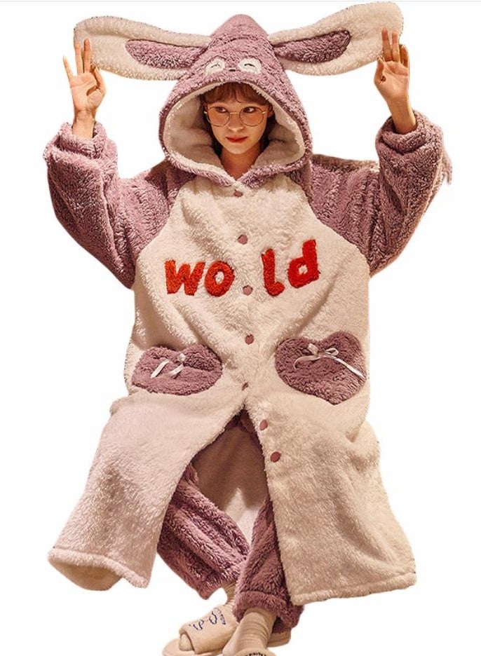 KUYING Velvet and Thickened Nightgown Cute Cartoon Home Fur Set