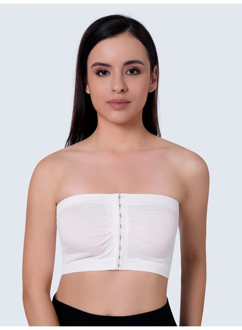 Glamroot Women's Plus Size Mesh Strapless Tube Bra - Front Hook Full Support Bandeau, Breathable Non-Padded Wireless Comfort Bra, White, Size S To XL - Image 1