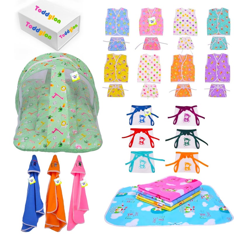Toddylon Flat Bed 30 in 1 New Born Baby Products All Gift Pack | Baby Bedding Set | Baby Clothes | Essentials Items | Combo Set | Infants | Just Born Boys Girls | Baby Bed (Multicolor, 0-6 Months) - Image 1