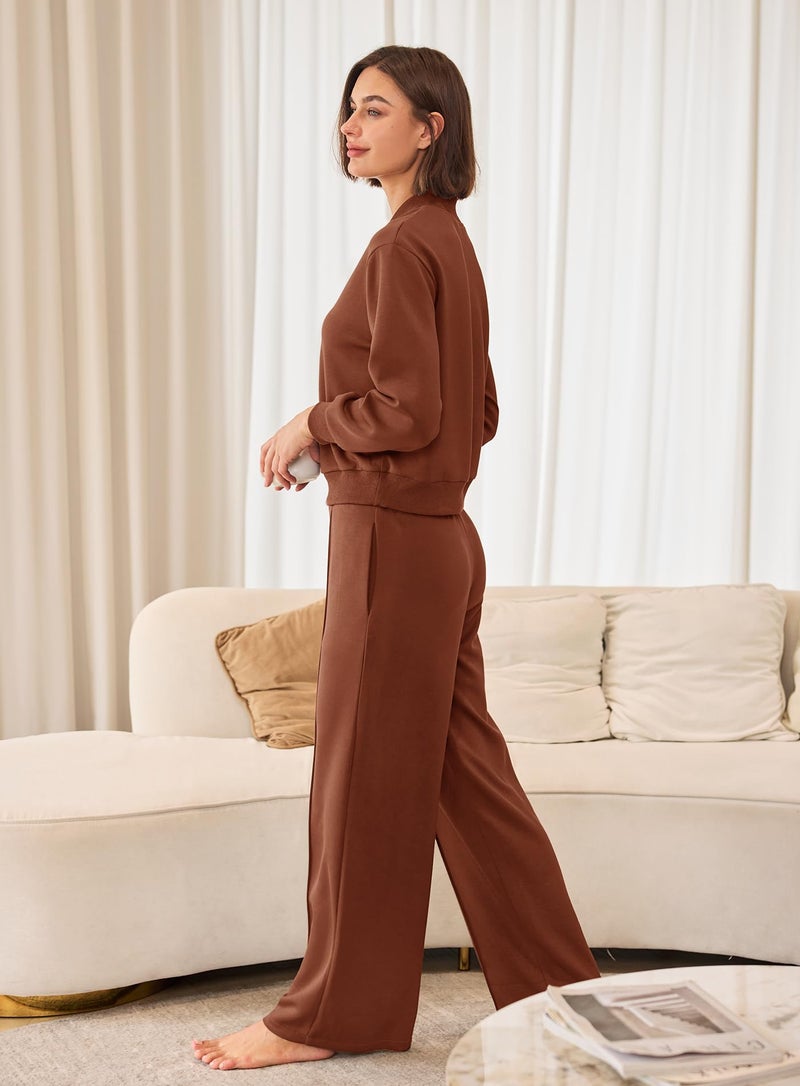Yanekop Womens Sweatsuits 2 Piece Outfit Two Piece Lounge Set Matching Sweat Sets Half Zip Pullover and Wide Leg Pants(Coffee,L) - Image 4