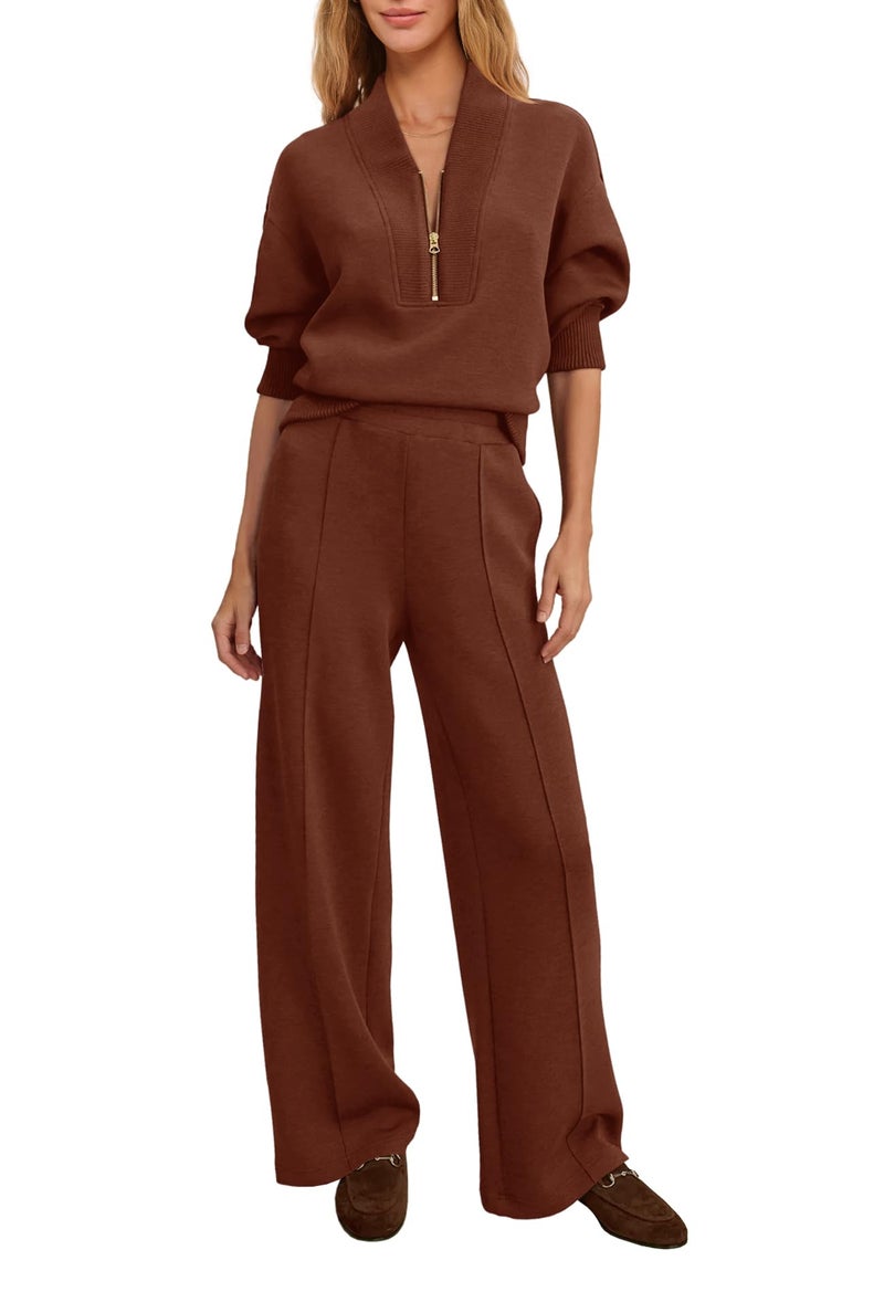 Yanekop Womens Sweatsuits 2 Piece Outfit Two Piece Lounge Set Matching Sweat Sets Half Zip Pullover and Wide Leg Pants(Coffee,L) - Image 1