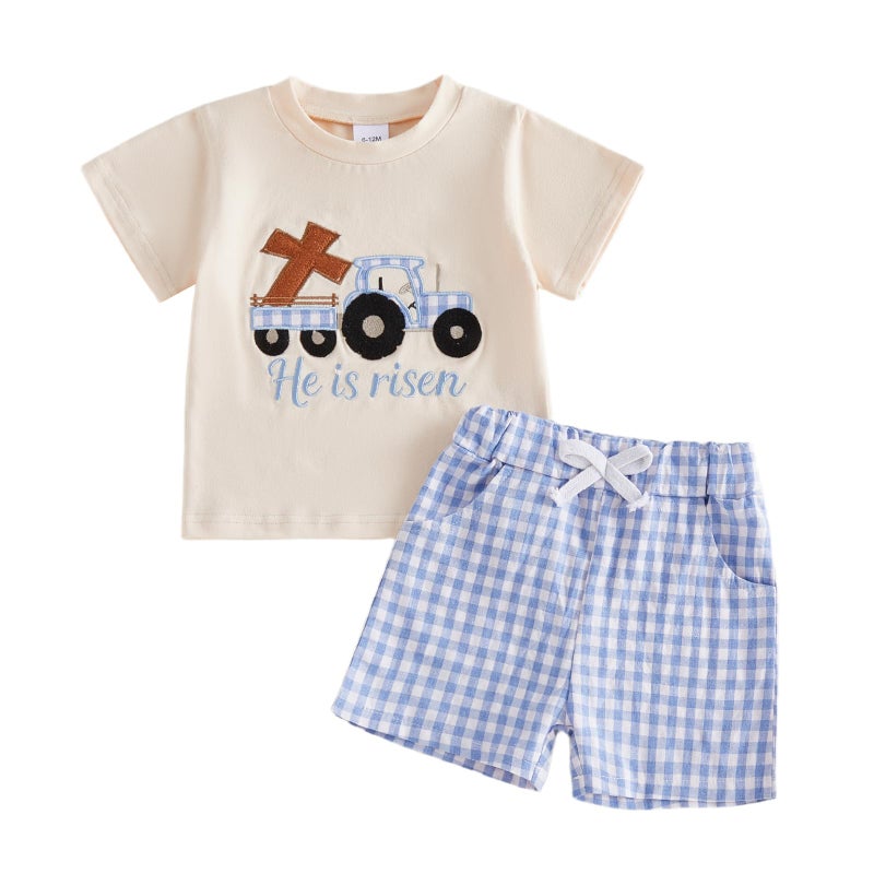 LAGKIYOJ Baby Boy Easter Outfits Cross Truck Embroidery T-Shirt + Shorts Set Toddler Clothes 6 12 18 24 months 2T 3T 4T (Apricot, 3-4T) - Image 1