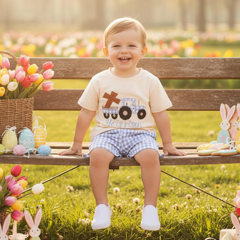 LAGKIYOJ Baby Boy Easter Outfits Cross Truck Embroidery T-Shirt + Shorts Set Toddler Clothes 6 12 18 24 months 2T 3T 4T (Apricot, 3-4T) - Image 2