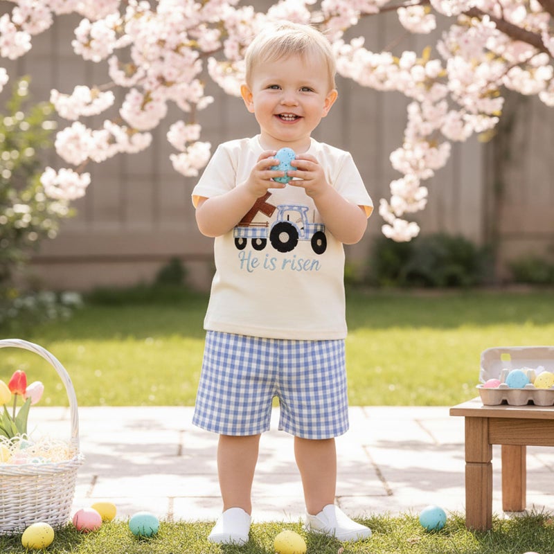 LAGKIYOJ Baby Boy Easter Outfits Cross Truck Embroidery T-Shirt + Shorts Set Toddler Clothes 6 12 18 24 months 2T 3T 4T (Apricot, 3-4T) - Image 3