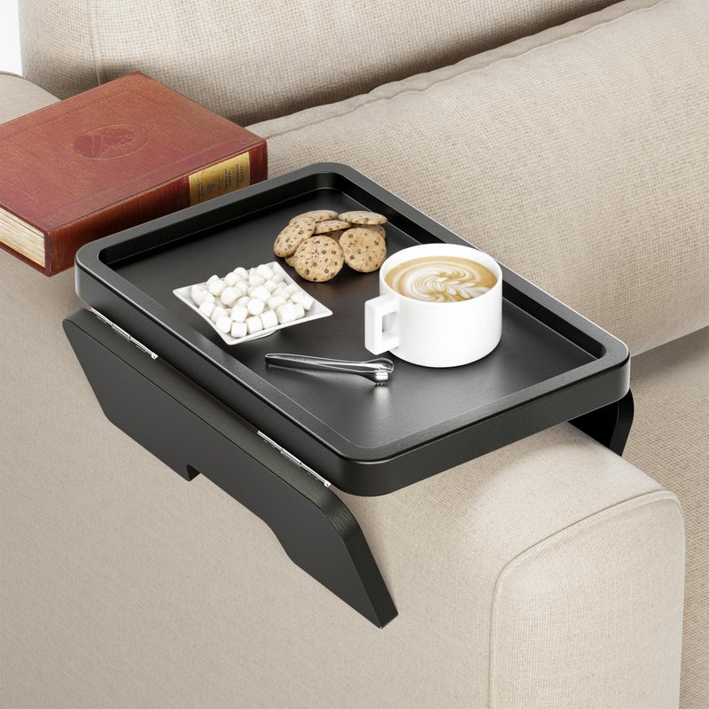 HOLANA Acacia Wood Sofa Armrest Tray 1375 x 95in Double Hinge Sofa Arm Tray Table Clip Couch Arm Table Wooden Side Tables for Eating and Drink Black Color
