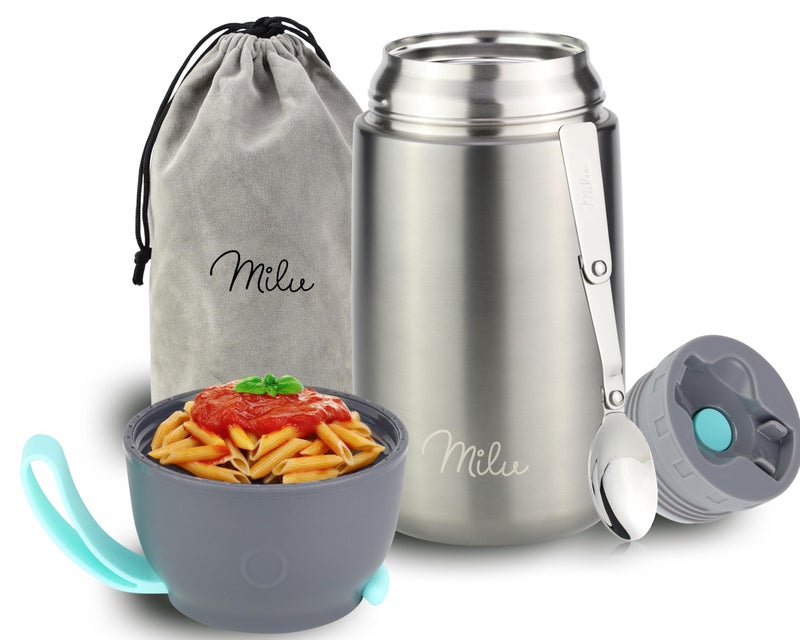 Milu Food Flask for Hot Food  800ml Leakproof Insulated Stainless Steel Thermal Lunch Box Soup Container with Spoon BPAFree To go Meal Prep Porridge Grey 800ml