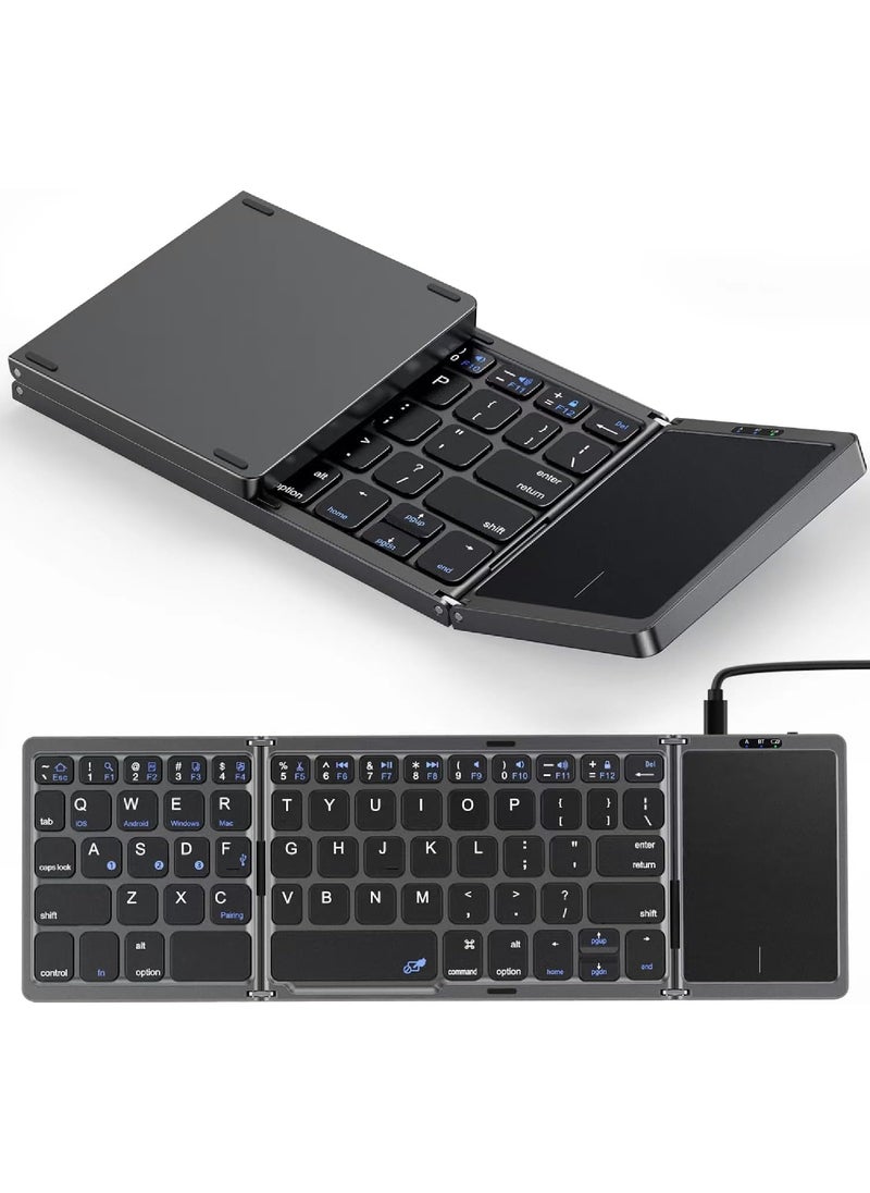 Rock Pow - Foldable Bluetooth Keyboard with Touchpad Rechargeable Wireless Portable Keyboard Dual-Mode Bluetooth/USB Wired Pocket-Sized Travel Keyboard for iOS Android Windows Mac OS - Image 1