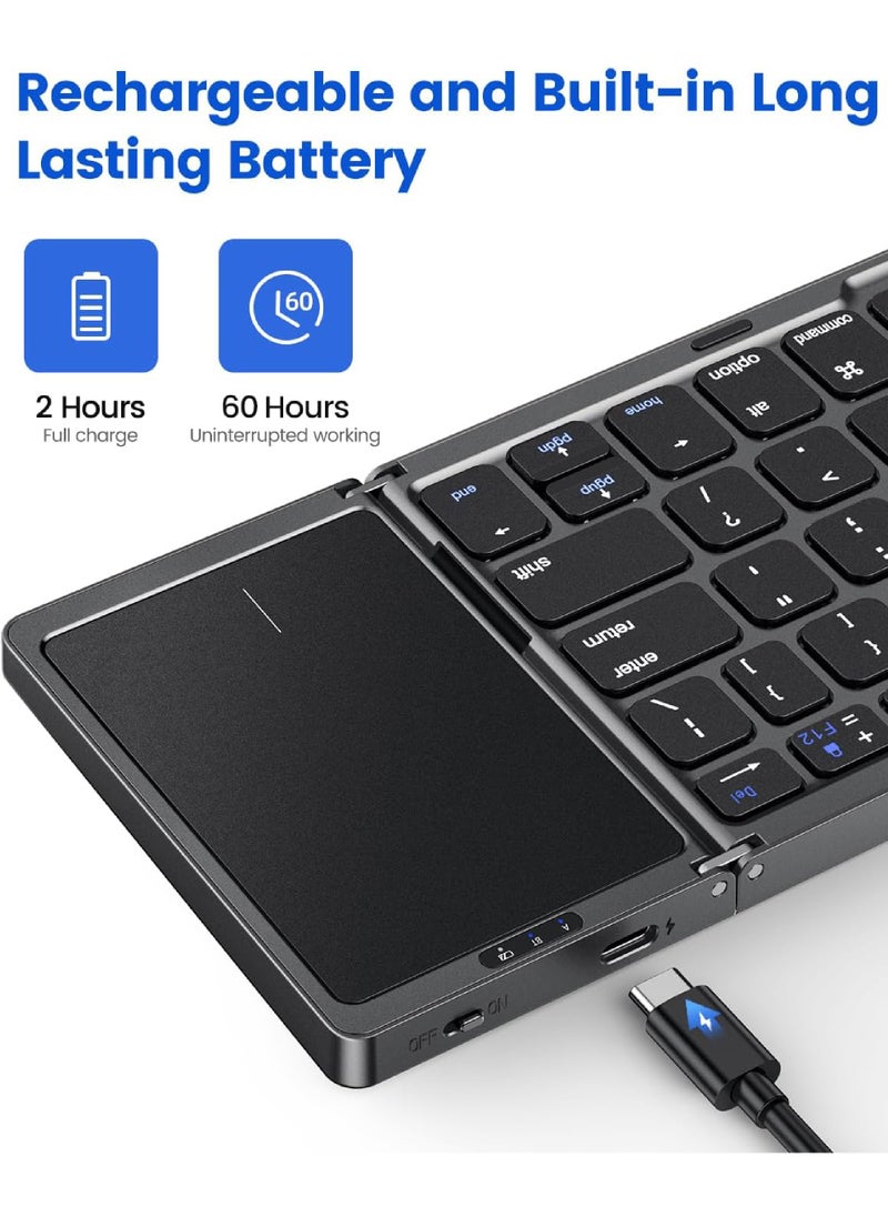 Rock Pow - Foldable Bluetooth Keyboard with Touchpad Rechargeable Wireless Portable Keyboard Dual-Mode Bluetooth/USB Wired Pocket-Sized Travel Keyboard for iOS Android Windows Mac OS - Image 1