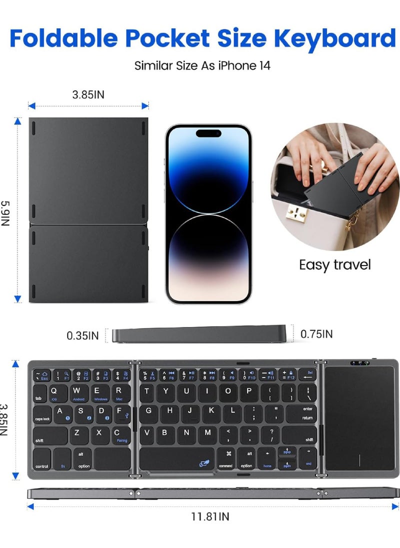 Rock Pow - Foldable Bluetooth Keyboard with Touchpad Rechargeable Wireless Portable Keyboard Dual-Mode Bluetooth/USB Wired Pocket-Sized Travel Keyboard for iOS Android Windows Mac OS - Image 1