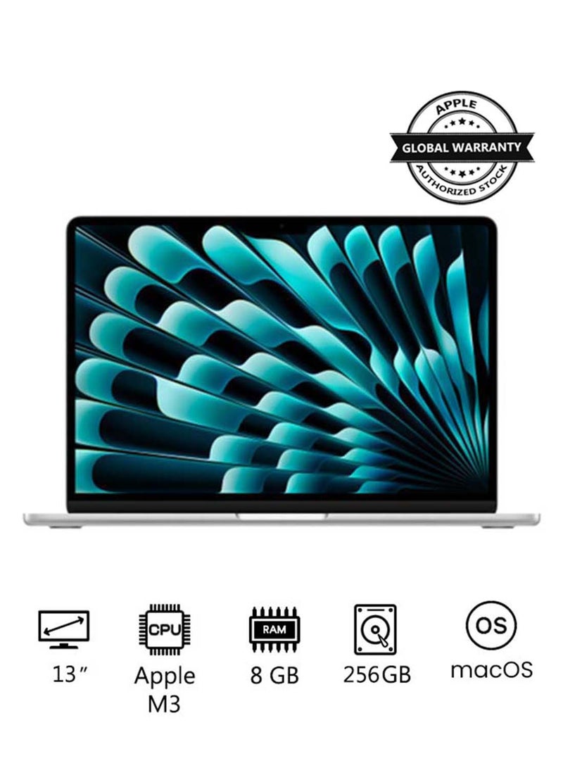 ابل  لابتوب ماك بوك اير الجديد لعام 2024 بشاشة مقاس 13 بوصة، ووحدة معالجة مركزية ابل M3 Chip 8-كور ووحدة معالجة مركزية 8-كور GPU وذاكرة وصول عشوائي (رام) سعة 8 جيجابايت ومحرك أقراص إس إس دي سعة 256 جيجابايت وبطاقة رسومات انتل يو اتش دي الإنجليزية/العربية فضي - Image 1