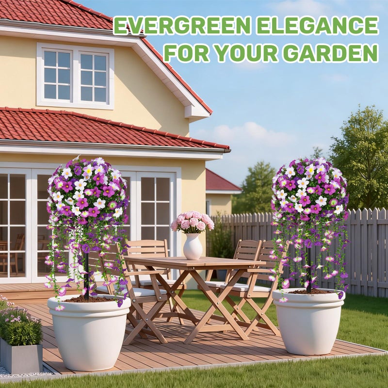 Grooy Artificial Plants Flowers Topiary Ball for Outdoor, 2 Pack Fake Silk Morning Glory Plant Bushes, UV Resistant Realistic Plants Shurbs for Outside,Front Porch,Patio,Yard(Purple) - Image 3