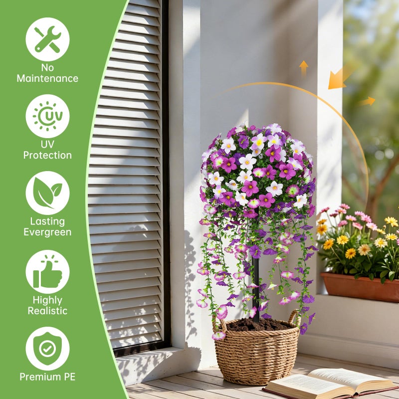 Grooy Artificial Plants Flowers Topiary Ball for Outdoor, 2 Pack Fake Silk Morning Glory Plant Bushes, UV Resistant Realistic Plants Shurbs for Outside,Front Porch,Patio,Yard(Purple) - Image 2