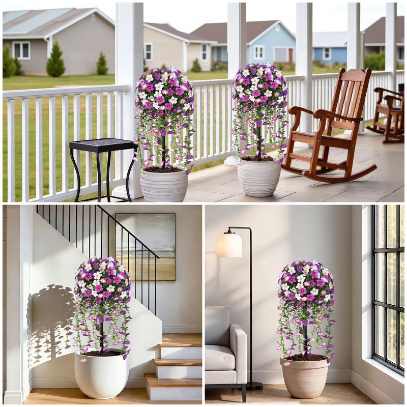 Grooy Artificial Plants Flowers Topiary Ball for Outdoor, 2 Pack Fake Silk Morning Glory Plant Bushes, UV Resistant Realistic Plants Shurbs for Outside,Front Porch,Patio,Yard(Purple) - Image 5