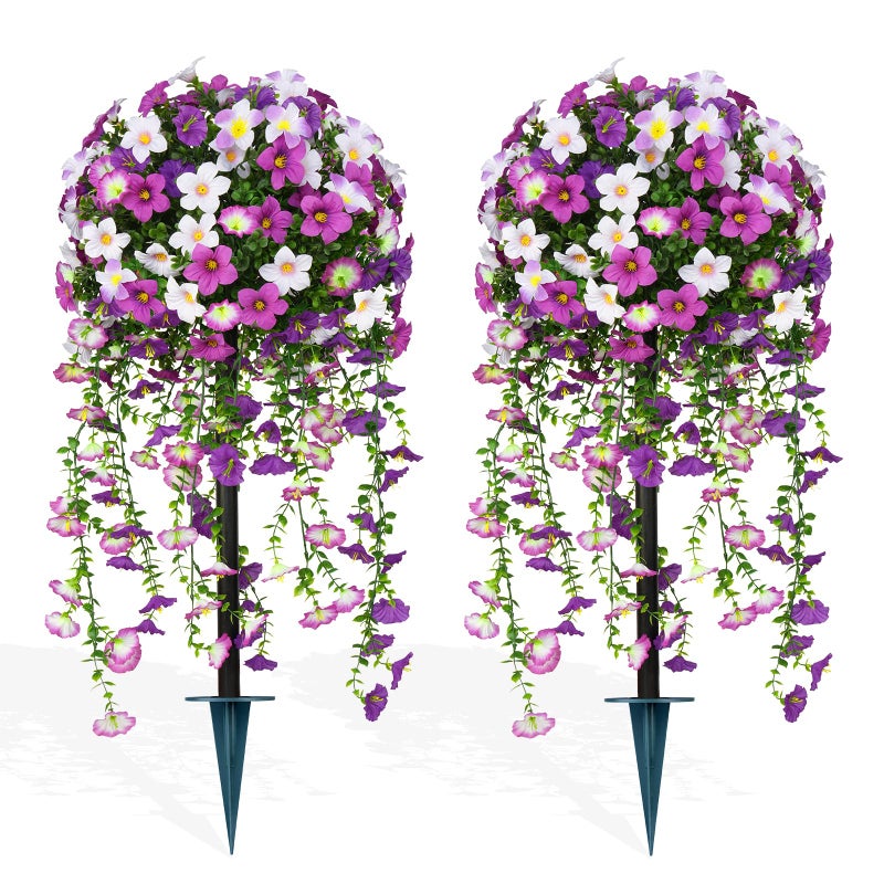Grooy Artificial Plants Flowers Topiary Ball for Outdoor, 2 Pack Fake Silk Morning Glory Plant Bushes, UV Resistant Realistic Plants Shurbs for Outside,Front Porch,Patio,Yard(Purple) - Image 1