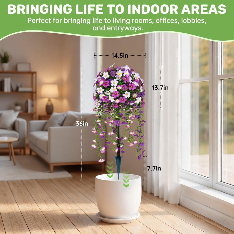 Grooy Artificial Plants Flowers Topiary Ball for Outdoor, 2 Pack Fake Silk Morning Glory Plant Bushes, UV Resistant Realistic Plants Shurbs for Outside,Front Porch,Patio,Yard(Purple) - Image 4