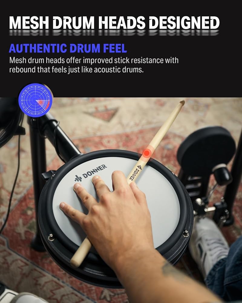 Donner DED200X E Drum Set, E Drums with Quiet Mesh Drum Pads, 2 Cymbals with Choke, 31 Kits and Over 450 Sounds, Throne, Headphones, Sticks, USB MIDI, Melody Lessons (5 Pads, 4 Cymbals) - Image 5